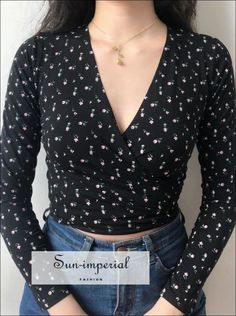 Sun-Imperial - Women Self Tie Front Wrap Tee Print Floral T-Shirt V Neck Long Sleeve Two Ways Top – SUN-IMPERIAL Trendy Long Sleeve V-neck Top For Summer, Trendy Black V-neck Top For Summer, Spring V-neck Stretch T-shirt, Non-stretch Black Cotton Tops, Casual V-neck Stretch Crop Top, Casual Stretch V-neck Crop Top, Fitted Cotton V-neck Top For Spring, Black V-neck Crop Top For Spring, Casual V-neck Fitted Top