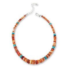 Jay King Orange Spiny Oyster Shell and Turquoise 18" Necklace  The multicolored orange spiny oyster shells used in this unique necklace were collected from the Sea of Cortez off Mexico's west coast. Its vivid colors, disc-shaped beads and Mongolian turquoise accents make it a fun, festive addition to any outfit. From Jay King.       Approx. 18"L x 5/8"W with 2-3/4" extender     Stamped .925     Hook closure     Necklace comprised of disc-shaped orange-white spiny oyster shell beads     Disc-shaped  blue-green turquoise bead accents     Beads strung in slight graduated silhouette   Stone Information       All sizes and weights approximate     Orange-Red-White Spiny Oyster Shell - Disc (7-16mm); harvested in Mexico     Stabilized Azure Peaks Turquoise - Disc (7-11mm); mined in Mongolia King Orange, Sea Of Cortez, Turquoise Accents, Oyster Shells, Coral Jewelry, Orange And Turquoise, Spiny Oyster, Unique Necklace, Oyster Shell