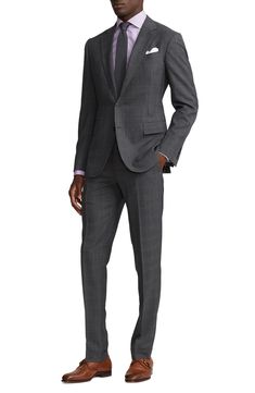 Charcoal-grey wool patterned in a chalky windowpane check brings polish and distinction to a suit that makes a versatile addition to any formal wardrobe. Jacket= 28" length; pant= 34" inseam; 14 1/2" leg opening; 10 1/4" front rise; 15 1/2" back rise (size 48EU) Jacket has notched lapels; four-button cuffs; chest pocket; ticket pocket; flap pockets; interior pockets; side vents Trousers have zip fly with hook-and-bar closure; slant pockets; back button-welt pockets Jacket is partially lined; tro Charcoal Grey Suit Men Wedding, Charcoal Suit Combinations, Grey Suit Men Combination, Charcoal Grey Suit Men, Men Grey Suit, Grey Suit Shoes, Grey Suits For Men, Grey Suit Combinations, Wedding Suits Men Grey