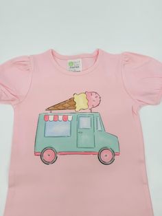 This watercolor ice cream shirt is the absolute cutest!!  (Popsicle design has separate listing) These shirts  are high quality 100% combed cotton. This listing is for a printed dtg shirt.  Please select shirt size and style. IN NOTES TO SELLER BOX- Please type if you would like white or pink shirt. If no color is selected, I will choose pink as shown on listing photo! ( PLEASE NOTE - Pink is NOT available in ruffle. Ruffle shirts are white only)  Please message me with any questions. I am happy Sweet Pink Tops With Cartoon Print, Sweet Summer Cotton Shirt, Sweet Cotton Summer Shirt, Sweet Short Sleeve Cotton Shirt, Sweet Cartoon Print Short Sleeve Tops, Spring Cartoon Print Sweet Tops, Spring Sweet Tops With Cartoon Print, Sweet Pink Short Sleeve Shirt, Pink Cartoon Print Shirt For Summer