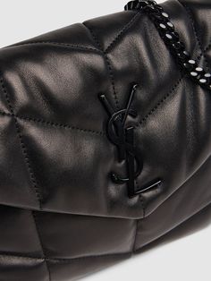 Height: 17cm Width: 27cm Depth: 11cm. Shoulder strap can be worn single or doubled. Front flap with magnetic snap button closure. Front metal logo. One internal zip pocket. Grosgrain lining Ysl Crossbody Bag, Versace Brand, Ski Accessories, Bag Light, Metal Logo, Black Hardware, Chain Shoulder Bag, Quilted Leather, Metallic Logo