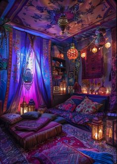 a room with lots of lights hanging from the ceiling and colorful bedspreads on the floor