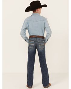 Western Denim Blue Jeans With Five Pockets, Western Style Denim Blue Jeans, Western Style Denim Jeans With Five Pockets, Western Style Denim Blue Jeans With Pockets, Western Style Denim Blue Cotton Bottoms, Western Style Straight Leg Denim Bottoms, Western Denim Blue Jeans With Pockets, Western Style Jeans With Pockets In Denim Blue, Western Denim Jeans With Pockets