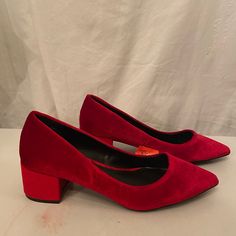 Simply Styled Red Velour Pump Shoes Size 7 Nwt Casual Red Low Heel Heels, Red Suede Low Heel Shoes, Red Suede Low Heels, Red Suede Low Heel Heels, Casual Heels With Red Sole And Pointed Toe, Casual Pointed Toe Heels With Red Sole, Trendy Red Low Heel Shoes, Trendy Red Low Heel Heels, High Heels For Girls