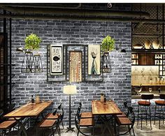 an image of a restaurant setting with brick walls and wooden tables in the foreground