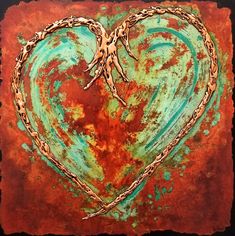 a painting of a heart made out of chains and rusted metal on a black background