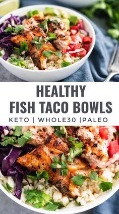 healthy fish taco bowls with rice and vegetables