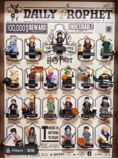 a harry potter movie poster with legos on it's display case and instructions for each character