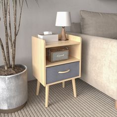 a living room with a couch, table and potted plant next to the sofa