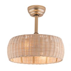 a round light fixture with wicker shades