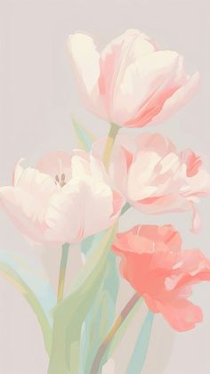 three pink flowers are in a vase on a gray background with pastel colors and green stems