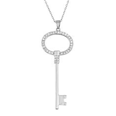 "Unlock a lovely look when you wear this sterling silver cubic zirconia key pendant. Comes in a gift box. PENDANT DETAILS Pendant length: 2.6 in. Chain length: 18 in. Clasp: spring-ring Metal: rhodium-plated sterling silver CUBIC ZIRCONIA DETAILS Total weight: 1 1/10 ct. Shape: round Setting: pave  Size: 18"". Color: White. Gender: female. Age Group: adult." Key Pendant Necklace, Key Necklace, Key Pendant, Ring Metal, Metal Rings, Spring Rings, Chain Length, Rhodium Plated, Pendant Jewelry