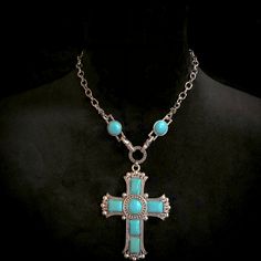 Exaggerated Cross Shape Multi-Layer Alloy Inlaid Turquoise Necklace. Nickel Free Bohemian Turquoise Necklace, Spiritual Turquoise Necklace With Cross Pendant Gift, Southwestern Style Blue Cross Jewelry, Turquoise Cross Sterling Silver Necklace, Handmade Turquoise Cross Necklace, Bohemian Blue Cross Jewelry, Handmade Spiritual Turquoise Cross Necklace, Bohemian Turquoise Cross Jewelry, Southwestern Blue Cross Jewelry