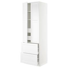 a tall white cabinet with two drawers