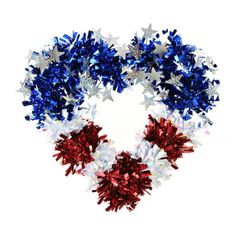 red, white and blue tinsel stars arranged in the shape of a heart on a white background