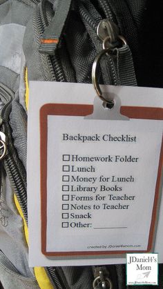 a backpack checklist is attached to a clipboard with the words homework folder on it