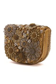 Gold mini bag embellished with beads, crystal, blossom applique and golden hardware detail. Comes with a beaded handle and a sling chain. - Aza Fashions Glamorous Gold Hand Embellished Evening Bag, Glamorous Gold Hand-embellished Evening Bag, Luxury Embellished Clutch Bag, Luxury Embellished Pouch Evening Bag, Luxury Embellished Pouch Clutch, Gold Pouch Shoulder Bag For Reception, Gold Pouch Bag For Reception, Luxury Hand-embellished Gold Bags, Gold Beaded Bags For Reception