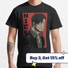 an image of a guy with anime character on it's t - shirt that says, buy 3 get 15 % off