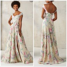 two pictures of a woman in a long dress with flowers on it and the back of her dress is open