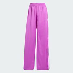 adidas Adicolor Satin Wide Leg Track Pants - Purple | Women's Lifestyle | adidas US Spring Sweatpants With Side Stripes For Jogging, Spring Sportswear Sweatpants With Side Stripes, Spring Sportswear Bottoms With Side Stripes, Spring Sports Pants With Side Stripes, Spring Sportswear Sweatpants With Three Stripes, Spring Sports Sweatpants With Side Stripes, Sportswear Sweatpants With Three Stripes For Spring, Adidas Sporty Wide Leg Pants, Adidas Sporty Wide-leg Pants