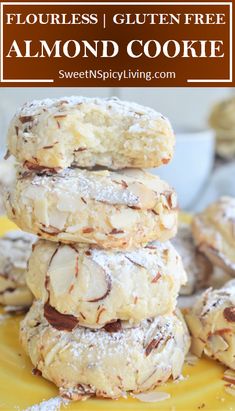 four cookies stacked on top of each other with the words, flourless gluten free almond cookie