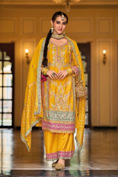 Yellow Embroidered Traditional Palazzo Suit at PinkPhulkari California Shalwar Suit, Embroidery Mirror, Zari Embroidery, Palazzo Suit, Readymade Saree, Party Kleidung, Heavy Embroidery, Shalwar Kameez, Designer Dresses Indian