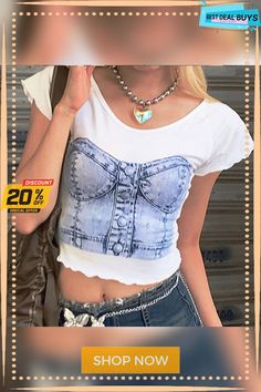 Women Casual Print Ruffle Edge Round Neck Short Sleeve T-shirt Summer Stretch Graphic Tee T-shirt, Stretch Graphic Tee For Summer, Stretch Graphic Tee T-shirt For Summer, Trendy Summer Crop Top T-shirt, Y2k Short Sleeve Spring Tops, Y2k Short Sleeve Tops For Spring, Y2k Style Short Sleeve Tops For Spring, Fitted Graphic Print T-shirt For Summer, Y2k Fitted Short Sleeve Tops