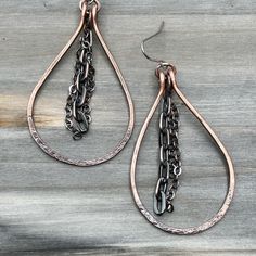 Copper dangle earrings. Sterling Silver ear wires.   Hand forged copper that has been antiqued & tumbled. A protective clear coat has been applied to the copper so it will not tarnish.  To protect the clear coat do not wear the earrings in the shower. Each earring is individually handcrafted by myself using only high quality materials. Earthy Earrings, Wire Earring, Birthday Girlfriend, Girlfriend Birthday, Hammered Metal, Hammered Copper, Girlfriend Gift, Wire Earrings, Copper Earrings