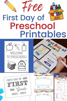 the first day of preschool printables is shown with pictures and text on it