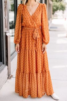 orange medallion maxi dress Fall Maxi Dress With Elastic Waistband And Long Sleeves, Fall Long Sleeve Maxi Dress With Elastic Waistband, Casual Long Sleeve Maxi Dress With Elastic Waistband, Flowy Long Sleeve Maxi Dress With Tie Waist, Rust Orange, Printed Maxi, Printed Maxi Dress, Cotton Dresses, Rust