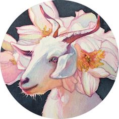 a painting of a goat with flowers on its head