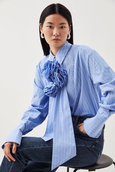 Striped Cotton Woven Shirt With Rosette Two Piece Set Pants, Shirt Stripes, Shirt Silhouette, Petite Tops, Wedding Guest Dress Summer, Effortless Elegance, Shirt Collection, Striped Fabrics, Karen Millen