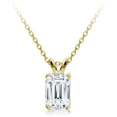 This diamond solitaire pendant is prong set with a emerald-cut 1/3ct, 1/2ct, 3/4ct, or 1ct diamond. The diamond is H/I in color, and SI in clarity. Please select your desired carat weight below. Other color, clarities, and mounting styles are available. Please call for details.