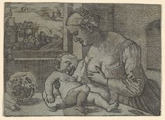 an old black and white drawing of a woman holding a baby