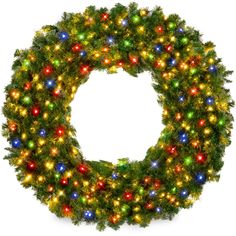 a christmas wreath with multicolored lights is shown in front of a white background