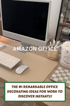 an office desk with a computer on it and the words amazon office in front of it