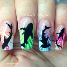 Shark week Neon Designs Nails, Shark Nail Art, Ocean Nails, Tropical Nails, Animal Nails, Really Cute Nails, Art Summer, Shark Week, Cute Nail Art