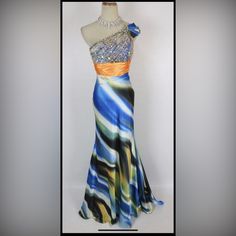 Brand New Never Worn Formal Gown Size 8 Silky Satin Skirt & Beaded One Shoulder Top Blue, Black, White, Orange/Gold Band, Yellow & Green Multi Layered Colors Measurements In Photos Offers Welcome Elegant Multicolor Prom Season Evening Dress, Elegant Multicolor Evening Dress For Prom, Multicolor Floor-length Evening Gown, Multicolor Floor-length Evening Dress For Gala, Elegant Multicolor Evening Gown, Multicolor Fitted Evening Dress For Formal Occasions, Fitted Multicolor Evening Dress For Formal Occasions, Fitted Multicolor Evening Dress For Formal, Multicolor Fitted Gala Gown