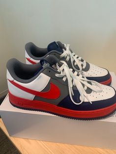 Description : Blue white red and gray custom Air Force 1s Women's Size 12 Item Number : P1 Category : Sneakers Brand : Nike Size 12 Women, Sneaker Brands, Red Shoes, Red And Grey, Force, Size 12, Air Force, Blue Color, Womens Sizes