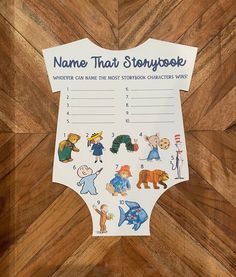 the name that storybook is on top of a wooden floor with pictures of animals and people