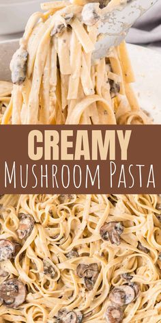 creamy mushroom pasta in a white bowl with a spatula over it and the title