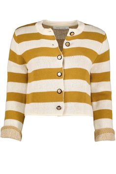 K4DSW2565-GOLD STRIPEVilleroy Stripe Sweater-100% Cotton-Button front closureFIT-True to size Gold Button-up Outerwear For Fall, Gold Long Sleeve Outerwear With Button Closure, Gold Winter Outerwear With Buttons, Gold Buttoned Outerwear For Winter, Gold Outerwear With Button Closure For Fall, Classic Gold Outerwear With Button Closure, Classic Gold Outerwear With Buttons, Classic Gold Outerwear For Spring, Modern Sweater