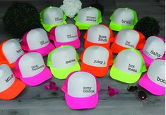 Custom Neon Party Hats, Bachelor Party Hat, Crew Hat, Personalized Team Crew, Totally Customizable Trucker Cap, Pool Party, Beach Vacation How to Place an Order 1.  Review Product Images: Please examine and review the product photos provided 2.  Select Hat Color: Choose your preferred color for the hat  3. Choose Design: Select your font style 4. Personalize Your Hat: Add your personalization details 5. Add to Cart: Click "Add To Cart" to proceed 6. Continue Shopping: Feel free to go back to add more products or proceed to checkout  Product Description: Our hats combine style and comfort seamlessly. Each hat is meticulously crafted with a 100% polyester front and mesh back, ensuring a classic yet breathable feel. Designed in the traditional 5-panel cap structure, our hats feature a seamles Summer Party Novelty Costume Hats, Novelty Summer Party Hats, Novelty Summer Party Costume Hats And Headpieces, White Snapback Party Hat, Adjustable Pink Party Supplies For Summer, White Snapback Hat For Party, Novelty Costume Hats And Headpieces For Summer Party, Fun Pink Summer Party Supplies, Summer Fun Pink Party Supplies