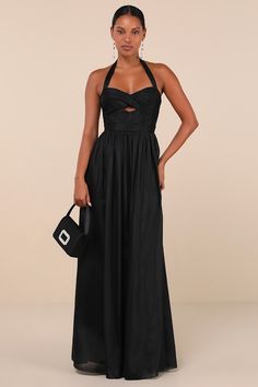 We have a feeling that you'll leave everyone in awe wherever you go in the Lulus Marvelous Impression Black Pleated Halter Cutout Maxi Dress! Airy woven fabric shapes this lovely dress that features a sleeveless pleated bodice with an overlapping-like design and a flirty keyhole cutout at the center, along with a trendy halter neckline (with button-loop closures at back). The high, fitted waist sits atop a whimsically flowy A-line skirt that cascades down to a sweeping maxi hem with a flirty sid Black Bridesmaid Dress, Black Bridesmaid, Black Bridesmaids, Halter Neck Maxi Dress, Cutout Maxi Dress, Dress Pleated, Bridal Party Dresses, Engagement Outfits, Pleated Bodice