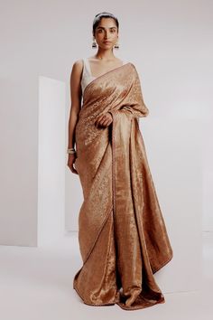 Beige banarasi saree featuring woven floral jaal motifs with tusser silk embroidered border. Comes with woven stripe blouse and petticoat. - Aza Fashions Brocade Pre-draped Saree With Resham Embroidery, Raw Silk Saree With Unstitched Blouse For Reception, Wedding Pre-draped Saree With Zari Weaving, Wedding Tissue Silk Pre-draped Saree With Self Design, Gold Brocade Pre-draped Saree With Zari Weaving, Festive Brocade Pre-draped Saree With Zari Work, Brocade Pre-draped Saree With Zari Work, Gold Tussar Silk Pre-draped Saree For Reception, Gold Brocade Pre-draped Saree With Zari Work