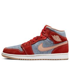 Air Jordan 1 Mid 'Denim Red' DM4352-600 (AJ1/SNKR/Retro/Mid Top/Non-Slip/Basketball/Shock-absorbing) Air Jordan 1 Denim, Jordan 1 Denim, Doudoune The North Face, 70s Converse, Nike X Travis Scott, All Jordans, Retro Basketball Shoes, Low Air Jordan 1, Air Jordan 1 Mid Se