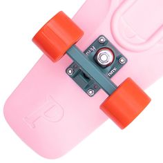 a pink skateboard with orange wheels on a white background