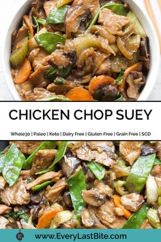 chicken chop suey in a white bowl with chopsticks next to it and the recipe