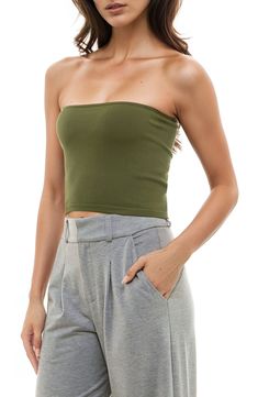 A softly ribbed construction provides versatile comfort to this wardrobe staple tube top. 95% nylon, 5% spandex Machine wash, line dry Imported Versatile Stretch Tube Top For Spring, Trendy Ribbed Tube Top For Spring, Green Stretch Casual Tube Top, Casual Green Stretch Tube Top, Versatile Stretch Tube Top In Solid Color, Casual Ribbed Tube Top, Casual Ribbed Strapless Tube Top, Casual Seamless Elastane Tube Top, Trendy Green Stretch Tube Top