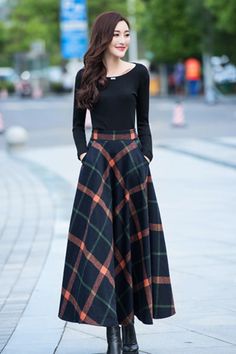 A Line Elastic Waist Plaid Wool Skirt 2709# – XiaoLizi Fall Workwear Lined Maxi Skirt, Elegant Fall Maxi Skirt With Pockets, Winter Full Maxi Skirt With Pockets, Flared Maxi Skirt For Fall Workwear, Fall Skirt With Side Pockets, Fall Pleated Flared Skirt, Lined Long Maxi Skirt For Fall, Fitted Fall Skirt With Side Pockets, Fall Flowy Skirt With Pockets